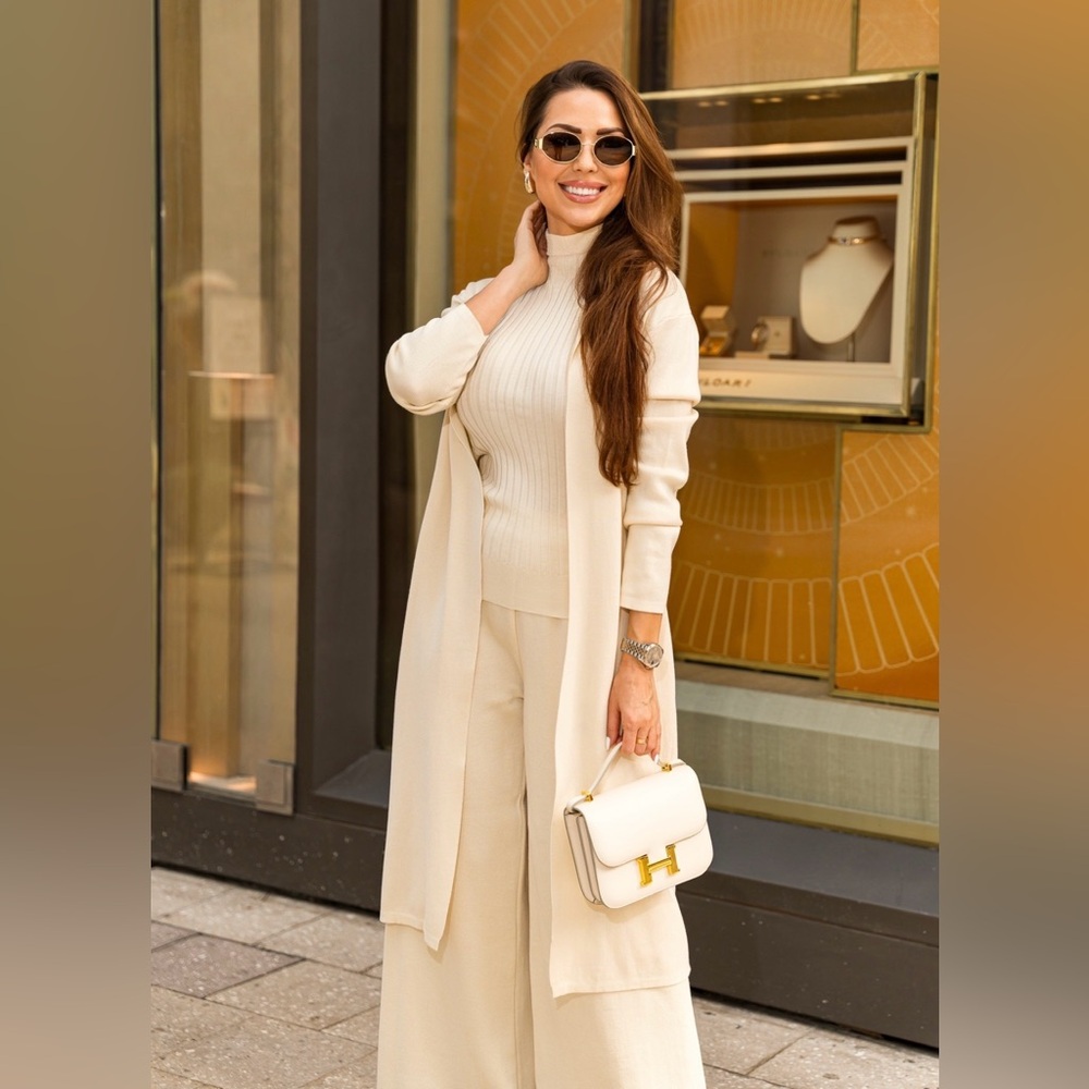 Elegant Cream Women 3 piece set pants, long cardigan, turtleneck sleeveless top - Picture 3 of 10